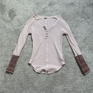 Free People Women's Beige Long Sleeve Top with Lace Cuffs